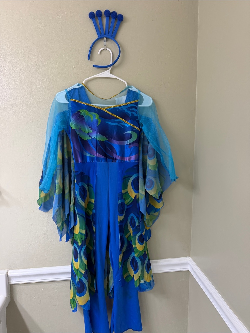 Blue Peacock-Print Flowing Sleeve Jumpsuit Dress